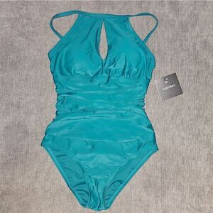 🆕️2024 Ellen Tracy Women's pine Green High Neck key hole One Piece Swimsuit 12